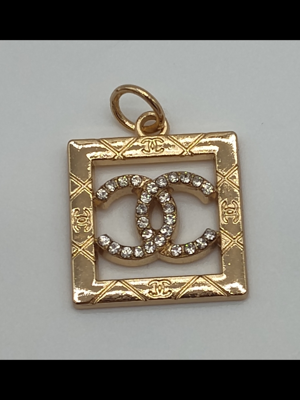 CHANEL Rhinestone Crystal CC Framed Zipper PullCharm Gold Tone Logo 0.85" EUC - Picture 1 of 5